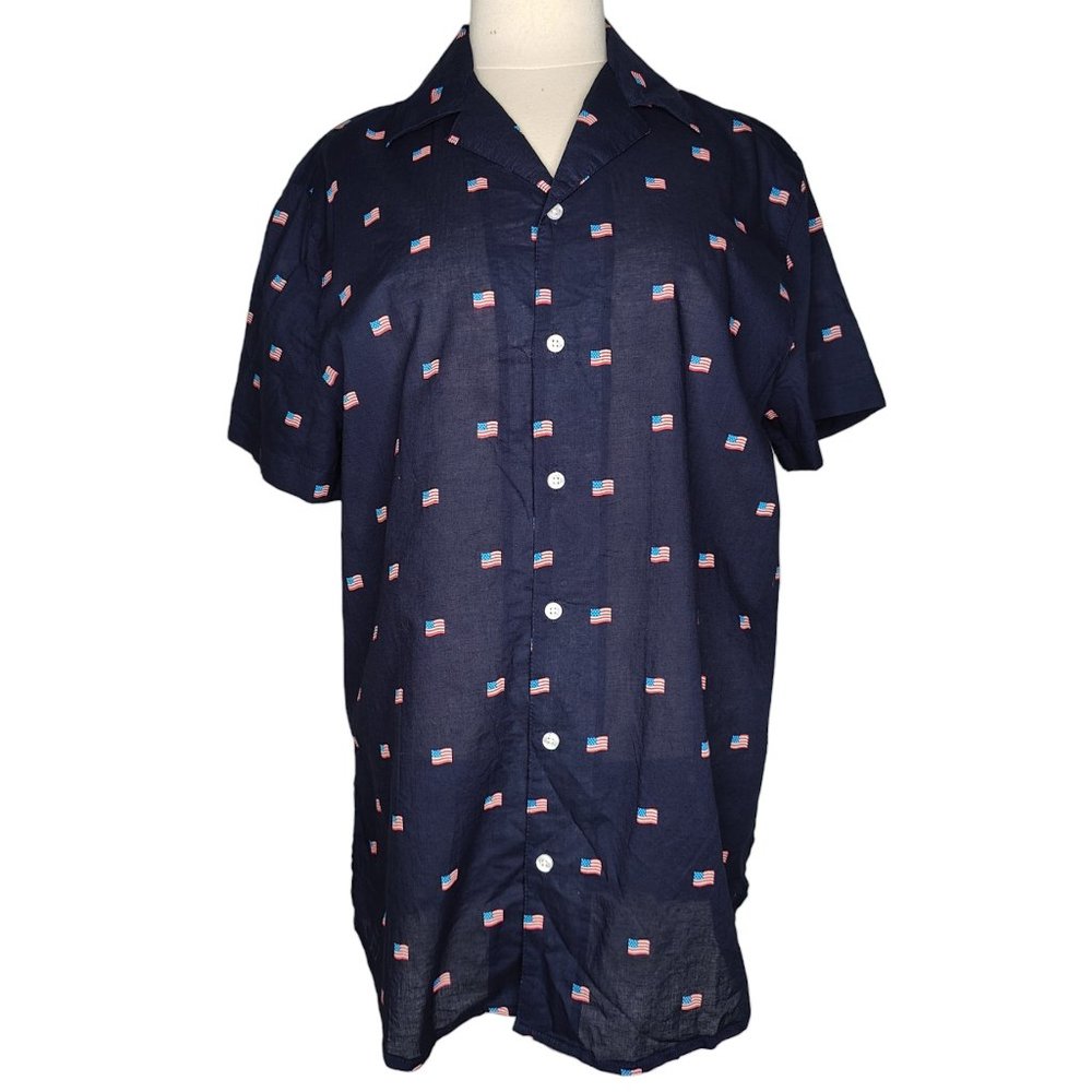 Trunks Surf & Swim Co Tommy Shirt M Blue USA American Flag Sleeve Button Down